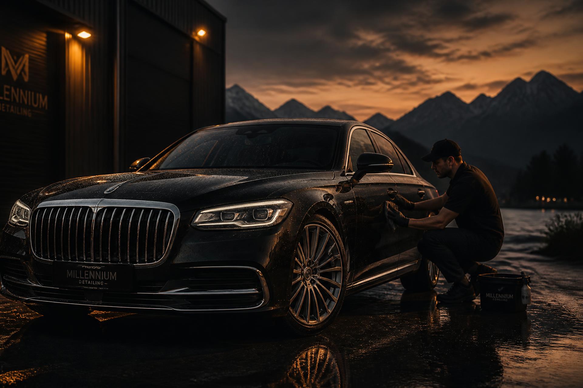 Schwarze Luxuslimousine wird in der Abenddämmerung vor Schweizer Bergpanorama aufbereitet